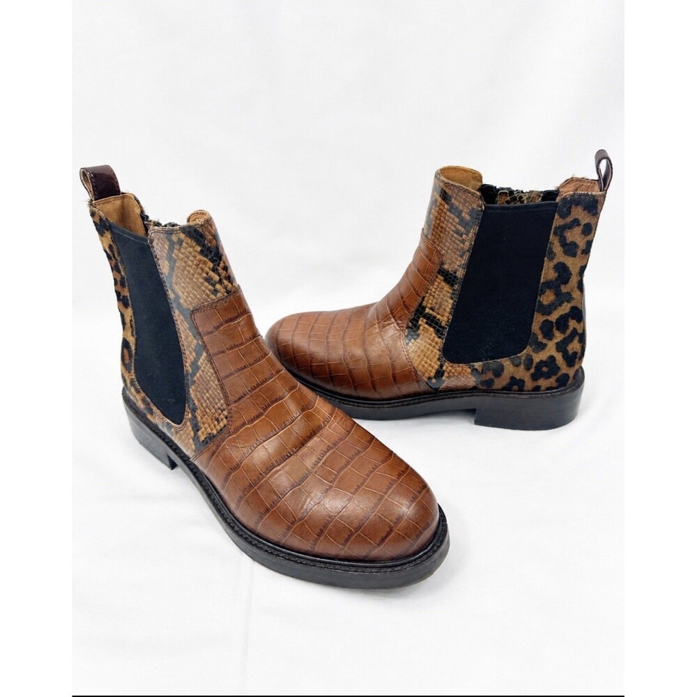Jeffrey Campbell Edmond Chelsea Boots Brown Croc Snake Leopard Animal Print Sz 8